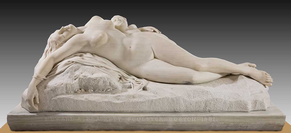 A life-sized marble statue depicting a nude mother cradling her young child, both with eyes closed and torsos twisted