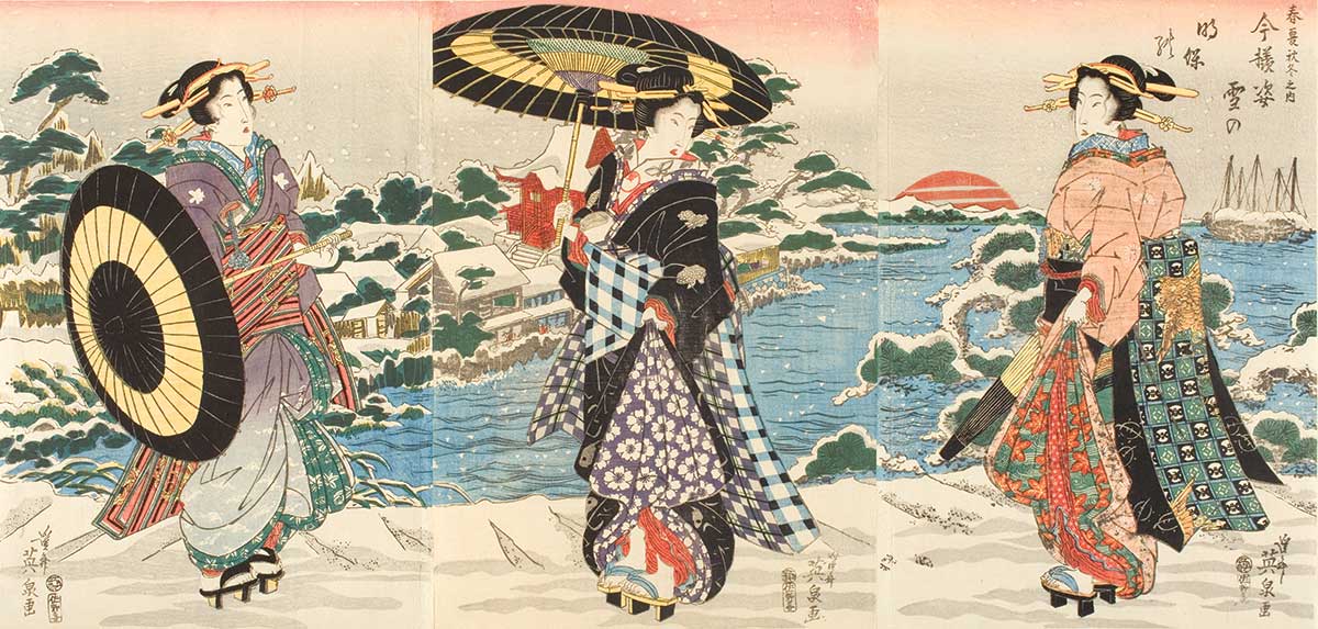 Keisai Eisen (1790–1848), Modern Figures on a Snowy Day, early to mid-1820s, color woodblock print with graduated colors (bokashi) and blind-printing (karazuri)
