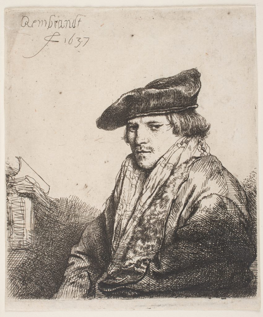 Rembrandt van Rijn, <em>A Young Man In A Velvet Cap,</em> 1637, etching on cream laid paper