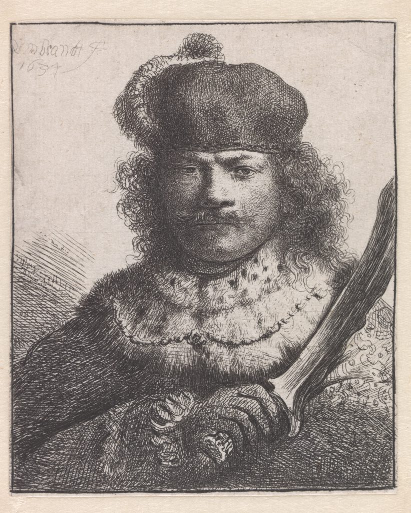 Rembrandt van Rijn, Self-Portrait with Raised Sabre, 1634, etching and burin