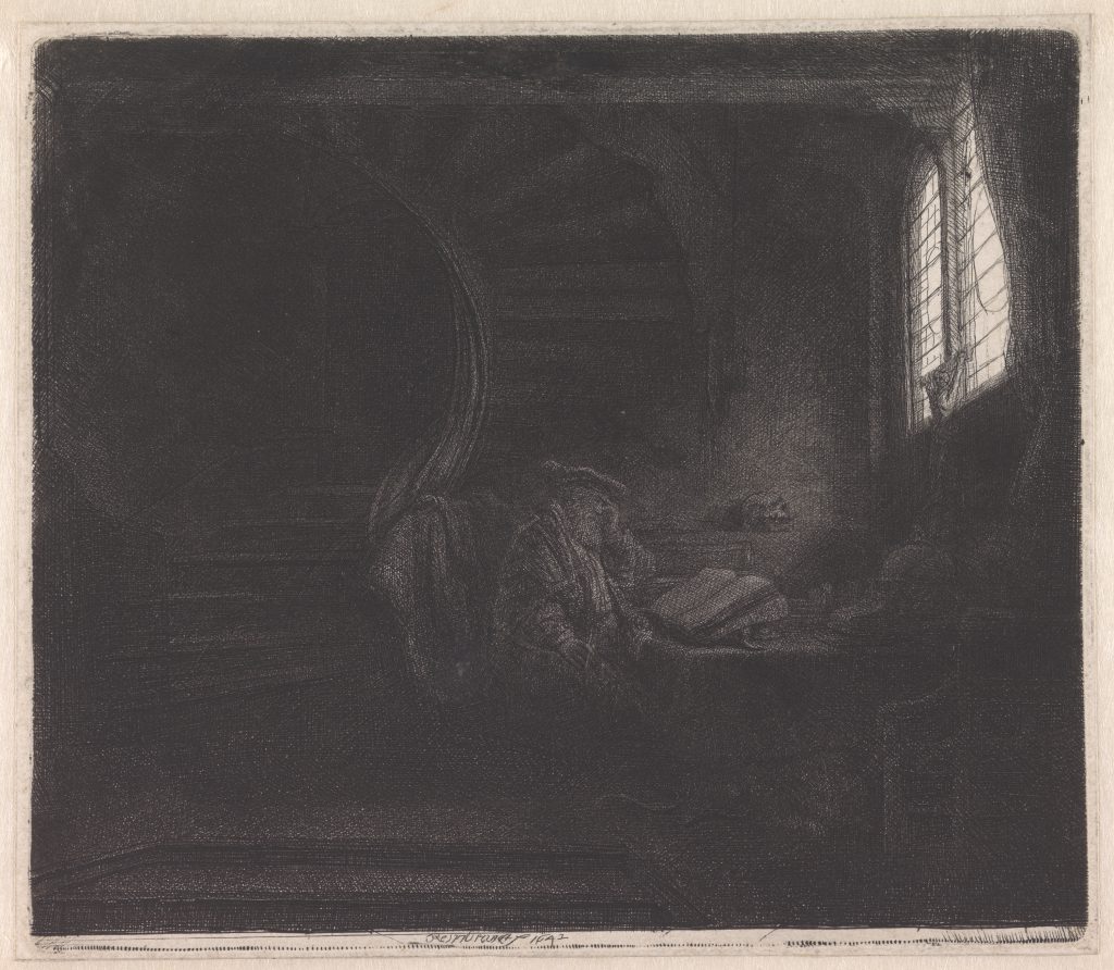 Rembrandt van Rijn, Saint Jerome in a Dark Chamber, 1642, etching, drypoint, and engraving