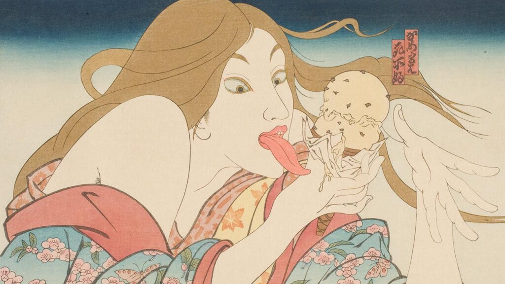 Masami Teraoka, '31 Flavors Invading Japan/Today's Special', detail, 1981, woodblock print; ink and color on paper