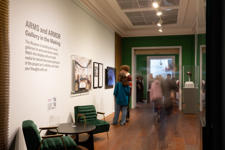View of visitors in the 'Arms and Armor Galleries in the Making' exhibition