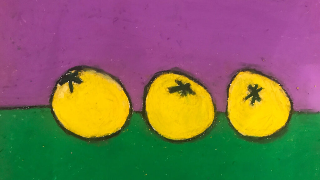 Sam Tomasiello, 'Three Yellow Tomatoes', detail, oil pastel
