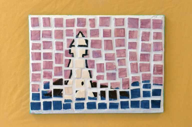 A mosaic-style artwork depicting a tower or castle