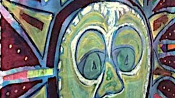 Detail of a painting of the sun with a face