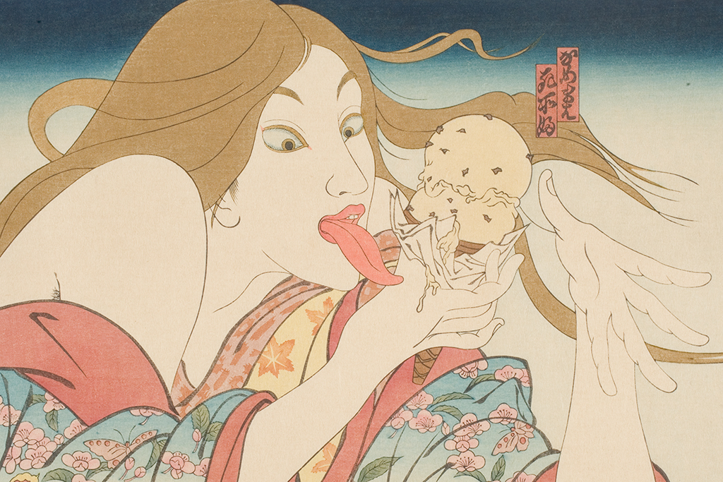 Masami Teraoka, '31 Flavors Invading Japan/Today's Special', detail, 1981, woodblock print; ink and color on paper