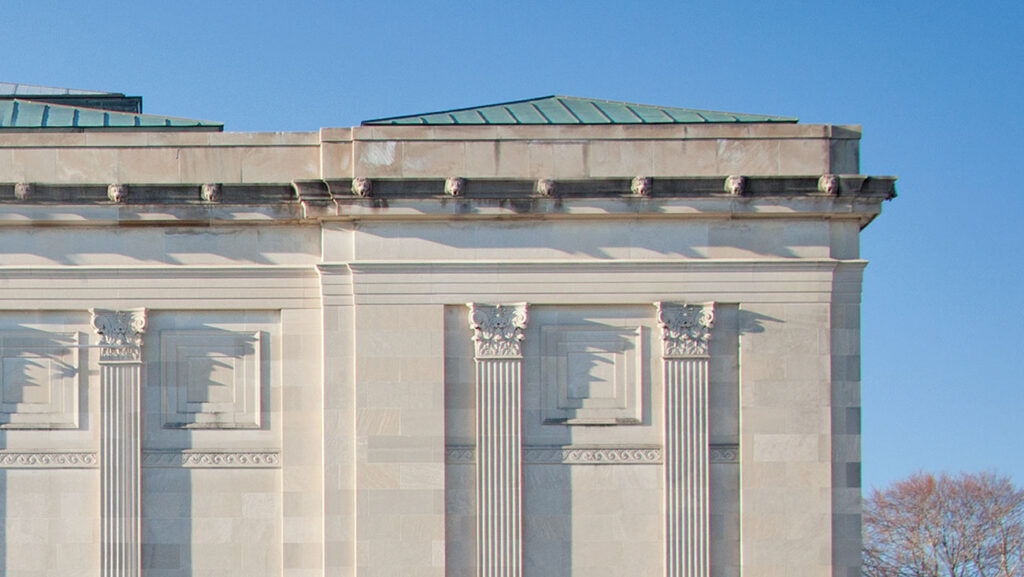 Detail of the Worcester Art Museum facade and roof