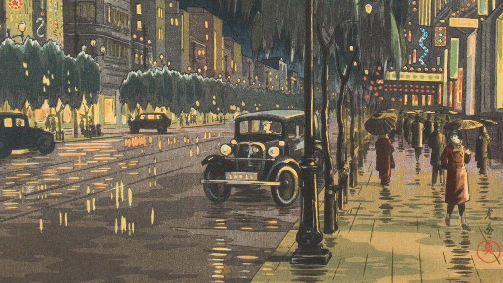 Tsuchiya Koitsu, 'Rain in Ginza (Ginza no ame)', detail, November 1933, woodblock print, ink and color on paper