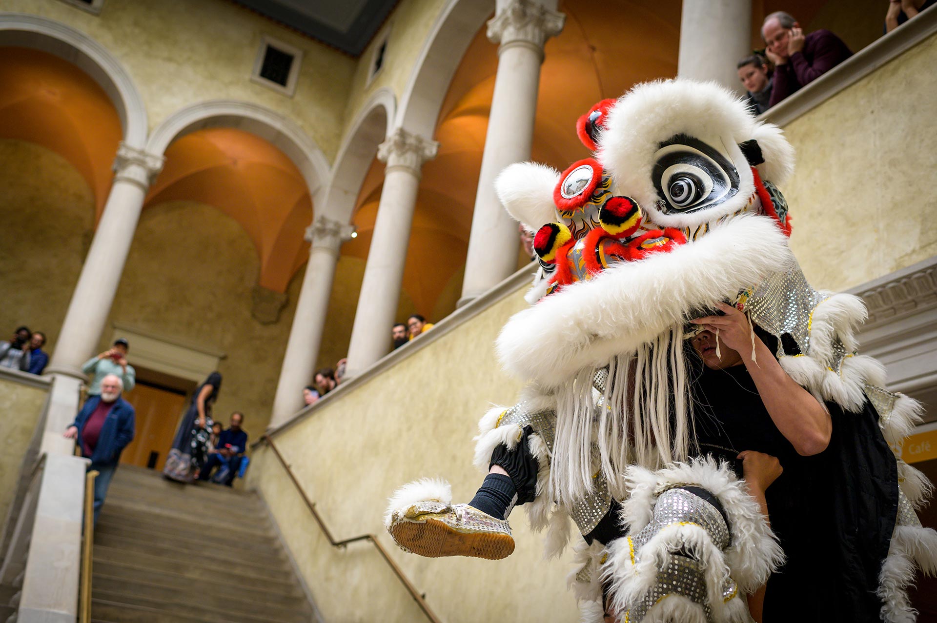 Performers in a Chinese lion costume during a lion dance in Renaissance Court