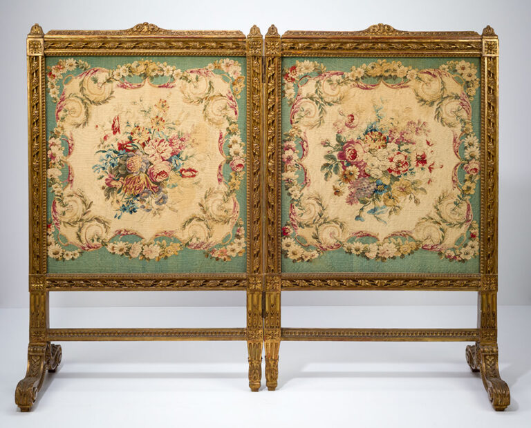 Fire Screen, French, late 19th century, gilded wood, tapestry, and silk