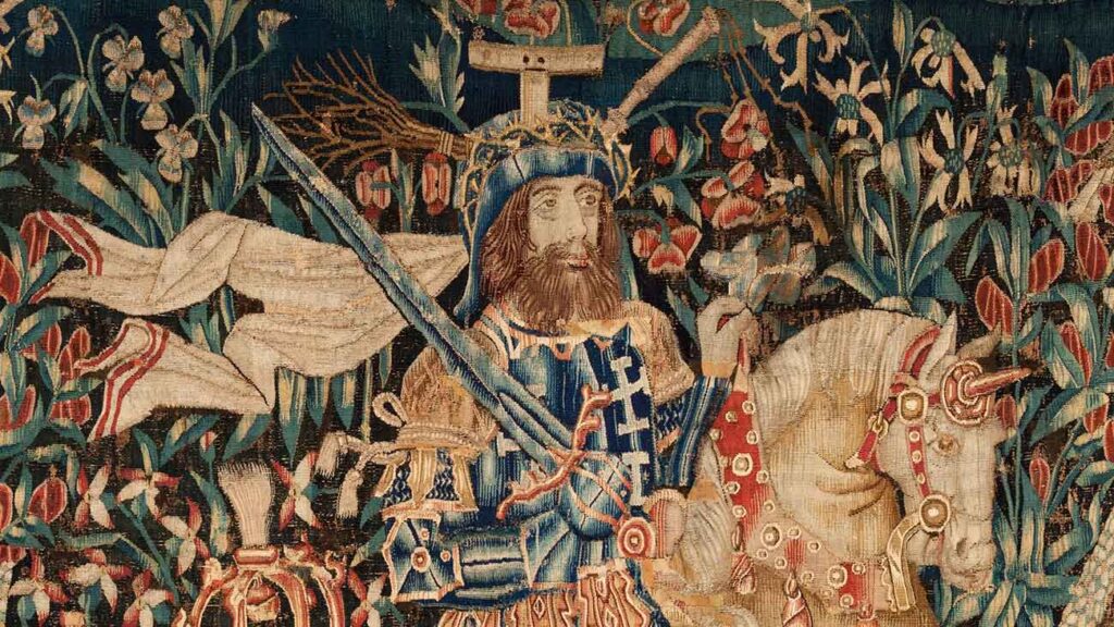 Tapestry Depicting Godfrey of Bouillon, possibly Flemish or French, detail, about 1500, dyed wool with later repairs