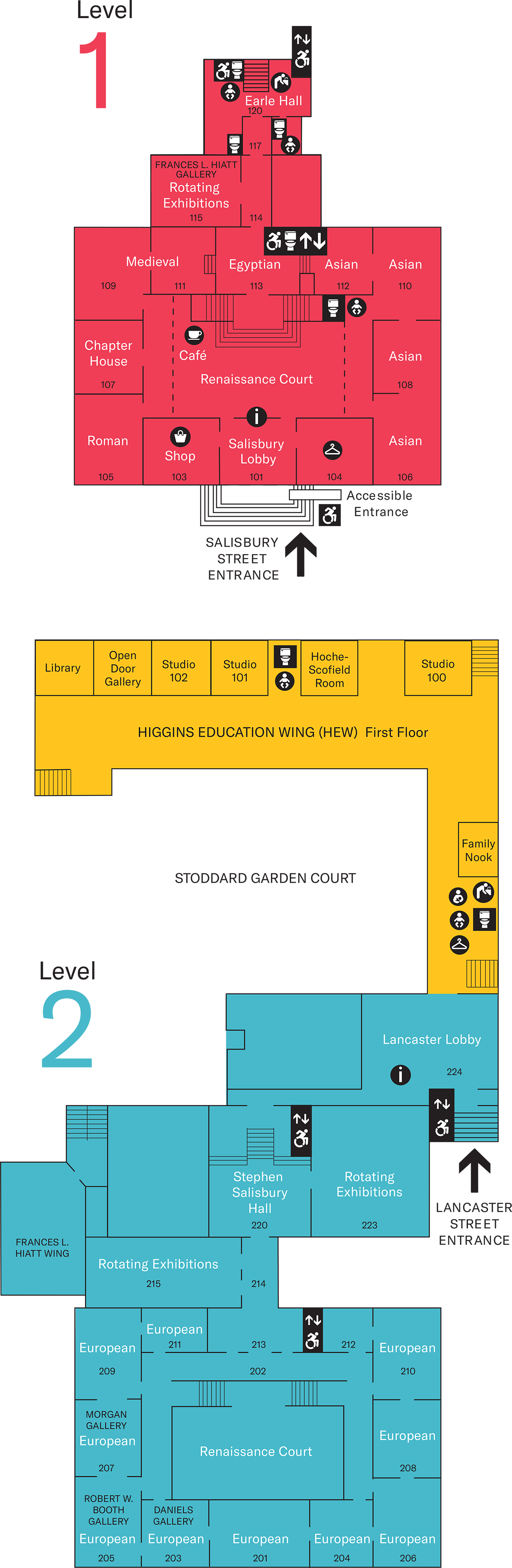 Worcester Art Museum floor map - Levels 1 and 2