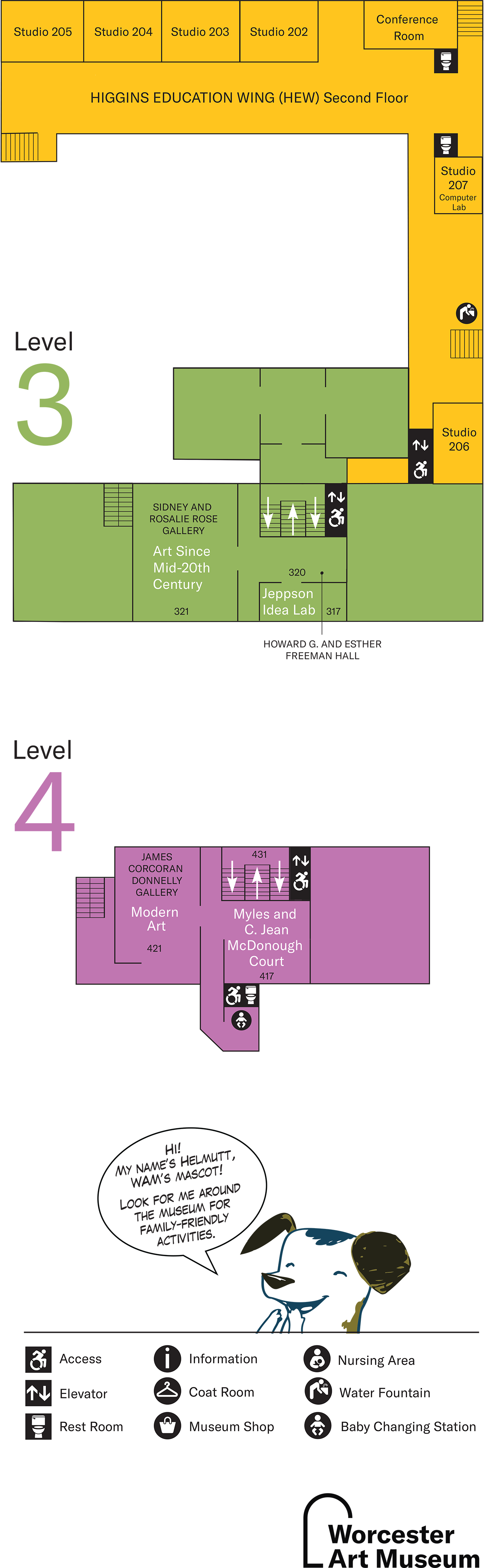 Worcester Art Museum floor map - Levels 3 and 4